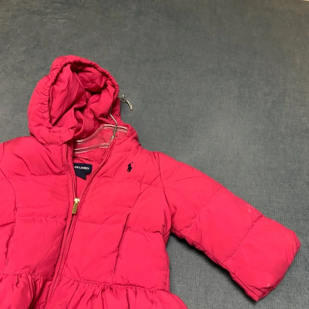 Ralph Lauren Puffer Jacket Girls 18M Pink Ruffle Hem Pony Logo Full Zip Hooded